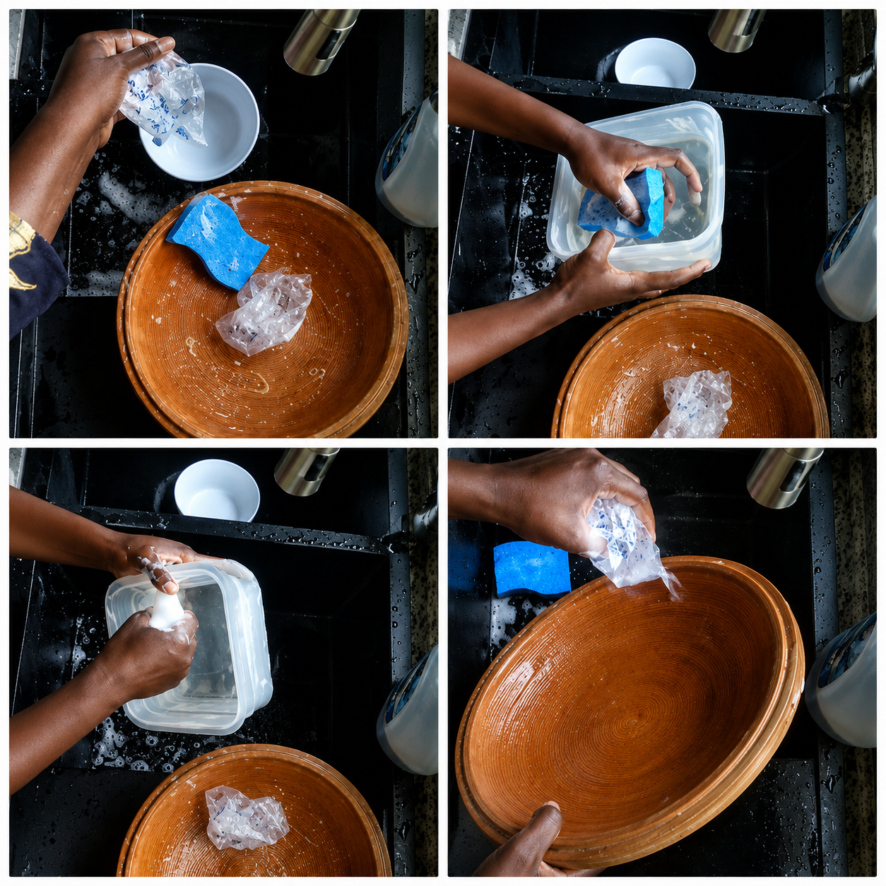 Sequence of a dish being washed, rinsed, scrubbed, and given a final pass in a real kitchen